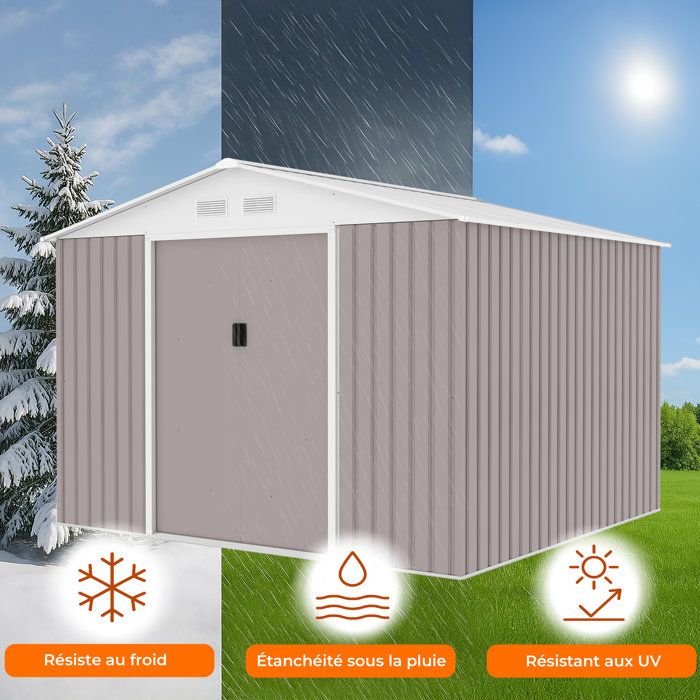 Abri de jardin en métal 7,06 m˛ - 277 x 255 x 202 cm - MERCURE - Kit d'ancrage inclus, 2 portes coulissantes - Taupe