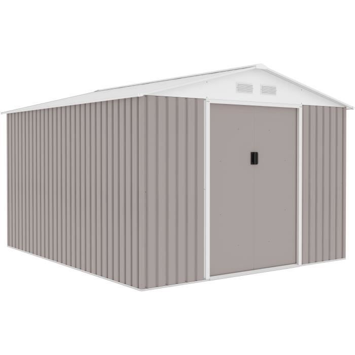 Abri de jardin en métal 8,84 m˛ - 277 x 319 x 202 cm - URANUS - Kit d'ancrage inclus, 2 portes coulissantes - Taupe