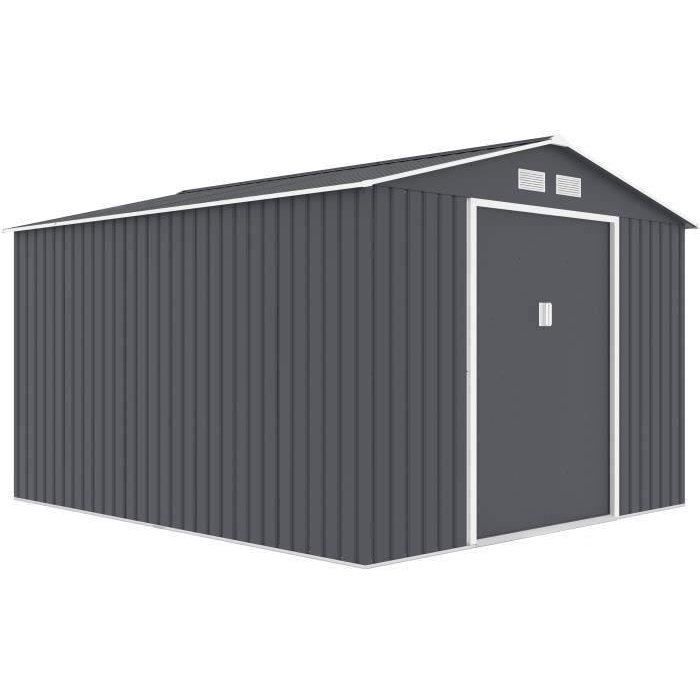 Abri de jardin en métal 8,84 m˛ - 277 x 319 x 202 cm - URANUS - Kit d'ancrage inclus, 2 portes coulissantes - Gris