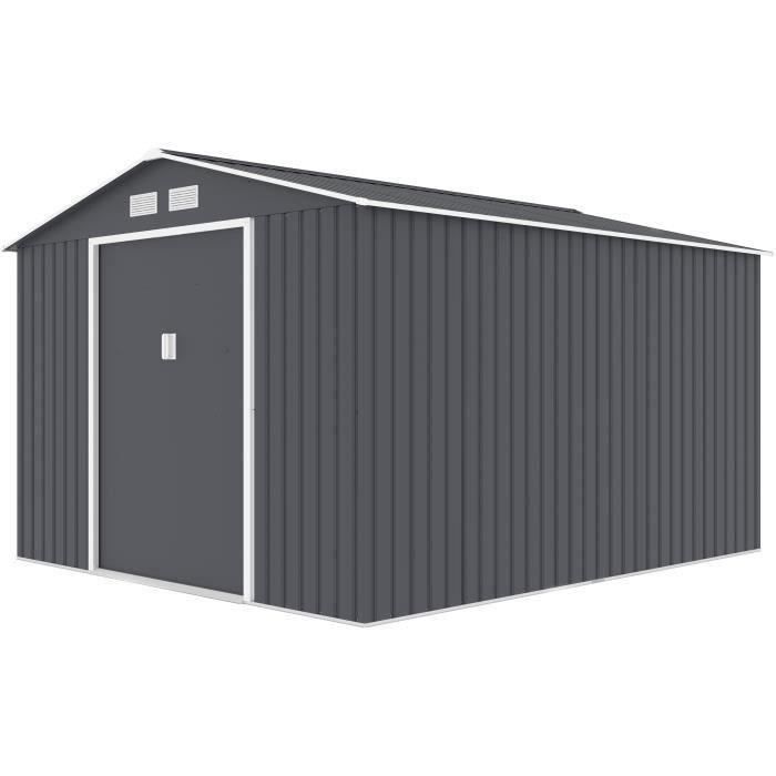 Abri de jardin en métal 8,84 m² - 277 x 319 x 202 cm - URANUS - Kit d'ancrage inclus, 2 portes coulissantes - Gris