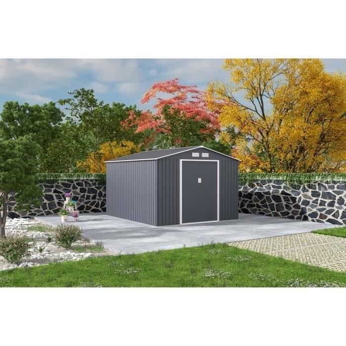 Abri de jardin en métal 8,84 m² - 277 x 319 x 202 cm - URANUS - Kit d'ancrage inclus, 2 portes coulissantes - Gris