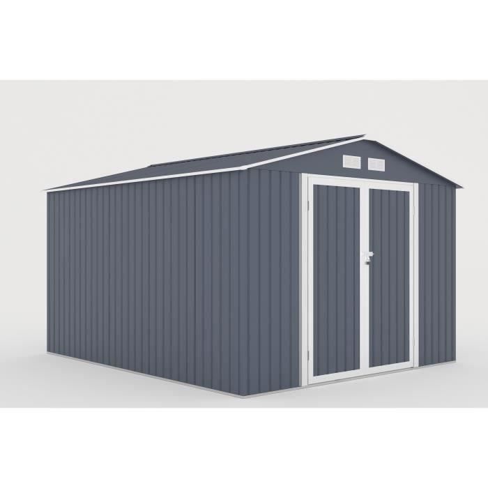 Abri de jardin en métal 8,84 m² - 277 x 319 x 202 cm - VELASCO - Kit d'ancrage inclus, 2 portes battantes - Gris