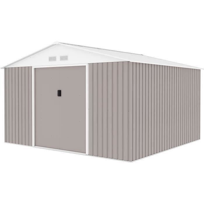 Abri de jardin en métal 10,85 m² - 340 x 319 x 210 cm - JUPITER - Kit d'ancrage inclus, 2 portes coulissantes - Taupe