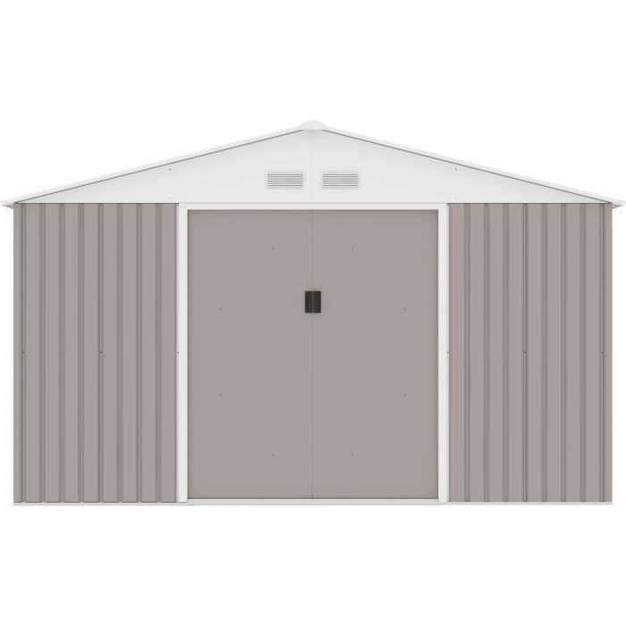 Abri de jardin en métal 10,85 m² - 340 x 319 x 210 cm - JUPITER - Kit d'ancrage inclus, 2 portes coulissantes - Taupe