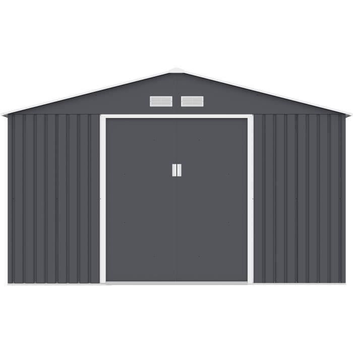 Abri de jardin en métal 10,85 m² - 340 x 319 x 210 cm - JUPITER - Kit d'ancrage inclus, 2 portes coulissantes - Gris