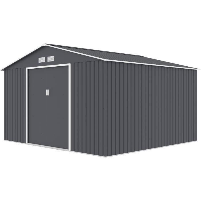 Abri de jardin en métal 10,85 m² - 340 x 319 x 210 cm - JUPITER - Kit d'ancrage inclus, 2 portes coulissantes - Gris