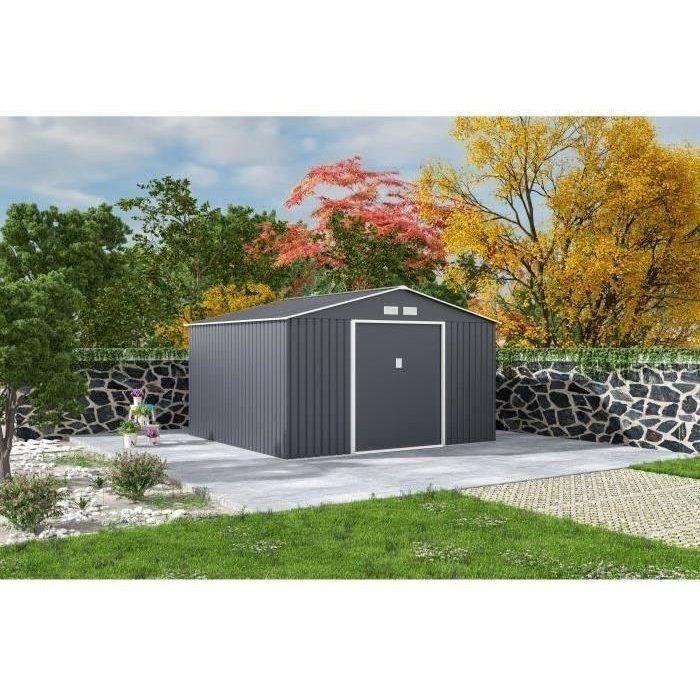 Abri de jardin en métal 10,85 m˛ - 340 x 319 x 210 cm - JUPITER - Kit d'ancrage inclus, 2 portes coulissantes - Gris