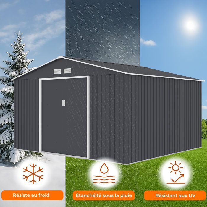 Abri de jardin en métal 10,85 m˛ - 340 x 319 x 210 cm - JUPITER - Kit d'ancrage inclus, 2 portes coulissantes - Gris