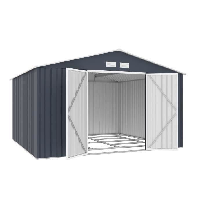 Abri de jardin en métal 10,85 m2 - 340 x 319 x 210 - LUNEX - Kit d'ancrage inclus, 2 portes battantes - Gris