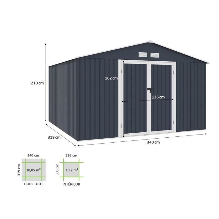Abri de jardin en métal 10,85 m2 - 340 x 319 x 210 - LUNEX - Kit d'ancrage inclus, 2 portes battantes - Gris