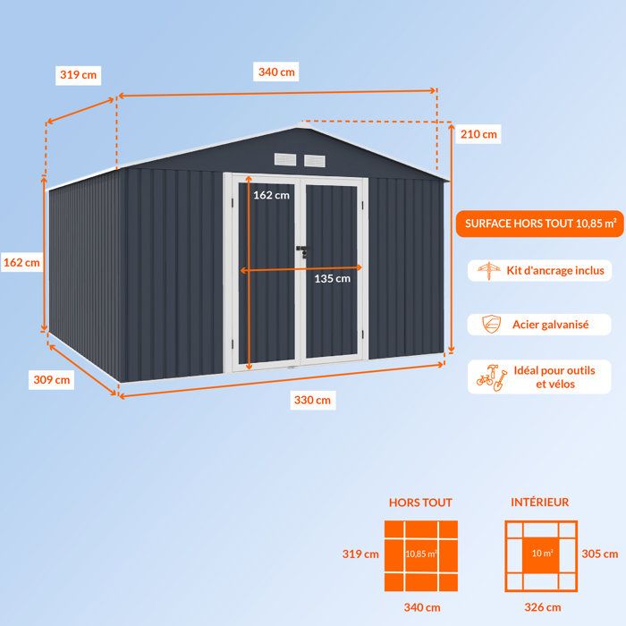 Abri de jardin en métal 10,85 m2 - 340 x 319 x 210 - LUNEX - Kit d'ancrage inclus, 2 portes battantes - Gris