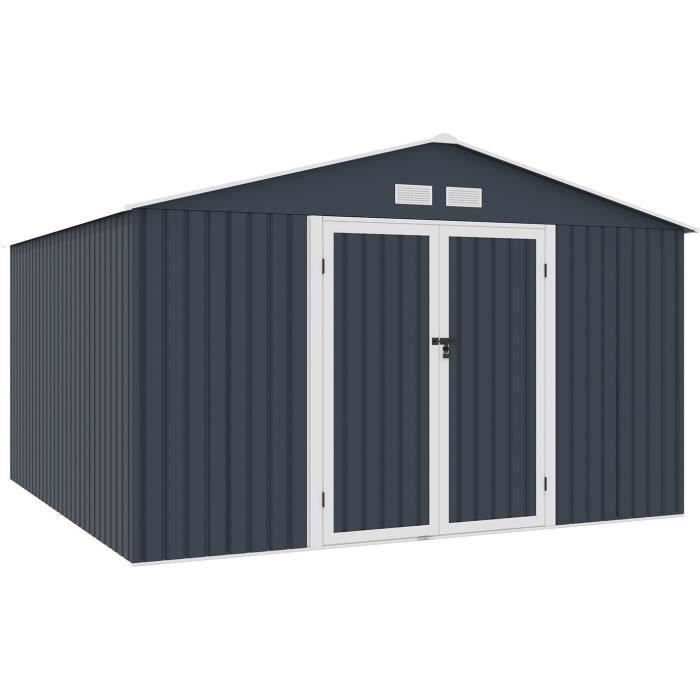 Abri de jardin en métal 10,85 m2 - 340 x 319 x 210 - LUNEX - Kit d'ancrage inclus, 2 portes battantes - Gris