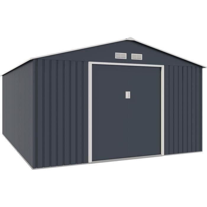 Abri de jardin en métal 15,16 m² - 340 x 446 x 210 - SATURNE - Kit d'ancrage inclus, 2 portes coulissantes - Gris