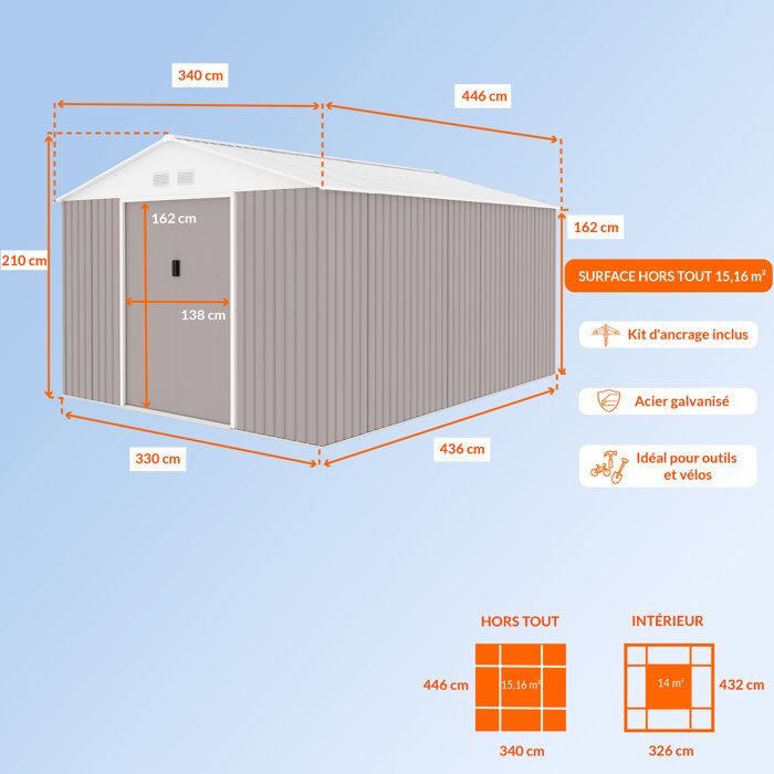 Abri de jardin en métal 15,16 m˛ - 340 x 446 x 210 - SATURNE - Kit d'ancrage inclus, 2 portes coulissantes - Taupe