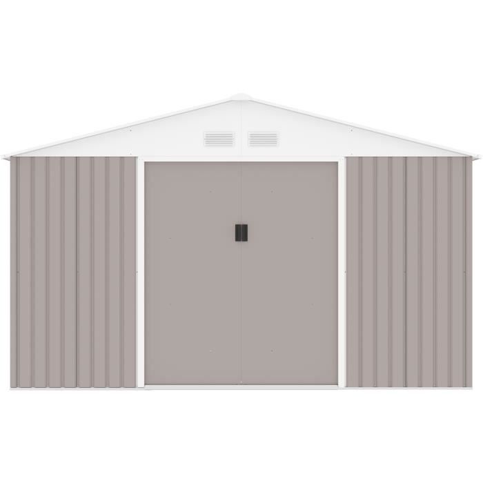 Abri de jardin en métal 15,16 m² - 340 x 446 x 210 - SATURNE - Kit d'ancrage inclus, 2 portes coulissantes - Taupe