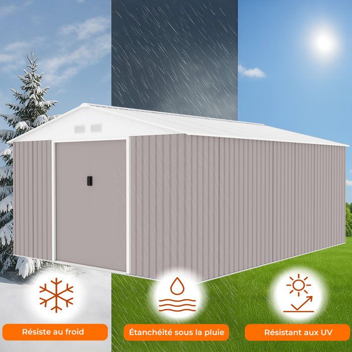 Abri de jardin en métal 15,16 m˛ - 340 x 446 x 210 - SATURNE - Kit d'ancrage inclus, 2 portes coulissantes - Taupe