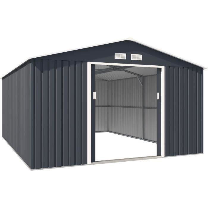 Abri de jardin en métal 15,16 m² - 340 x 446 x 210 - SATURNE - Kit d'ancrage inclus, 2 portes coulissantes - Gris