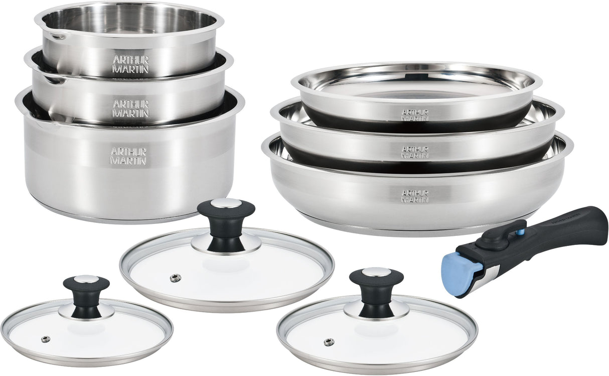 Batterie de cuisine - induction - ARTHUR MARTIN - AM0006 - acier inoxydable 18/10 - 10 pieces - poignée amovible