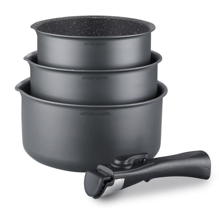 Set de 3 casseroles Gris Mat 16-18-20 cm + 1 poignÈe amovible - Aluminium ñ Revetement anti-adhÈsif - Tous feux dont induction