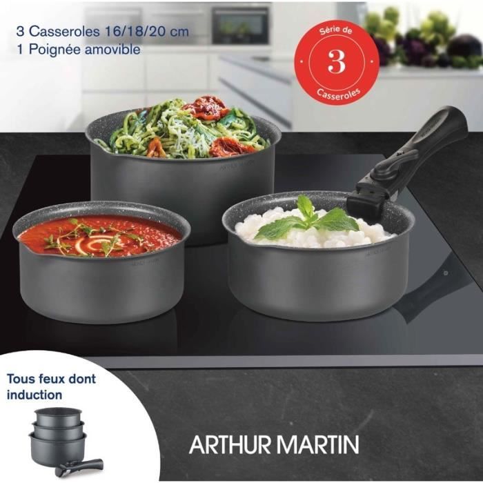 Set de 3 casseroles Gris Mat 16-18-20 cm + 1 poignée amovible - Aluminium Revetement anti-adhésif - Tous feux dont induction