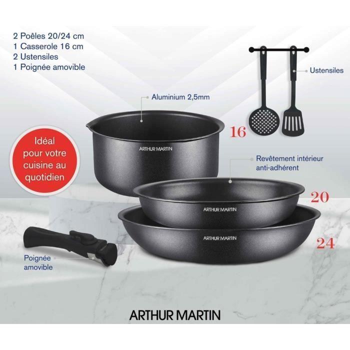 Batterie de cuisine - Tous feux dont induction - Arthur Martin - AM9582 - Aluminium - Anti-adhésif - 6 pieces - Poignée amovible