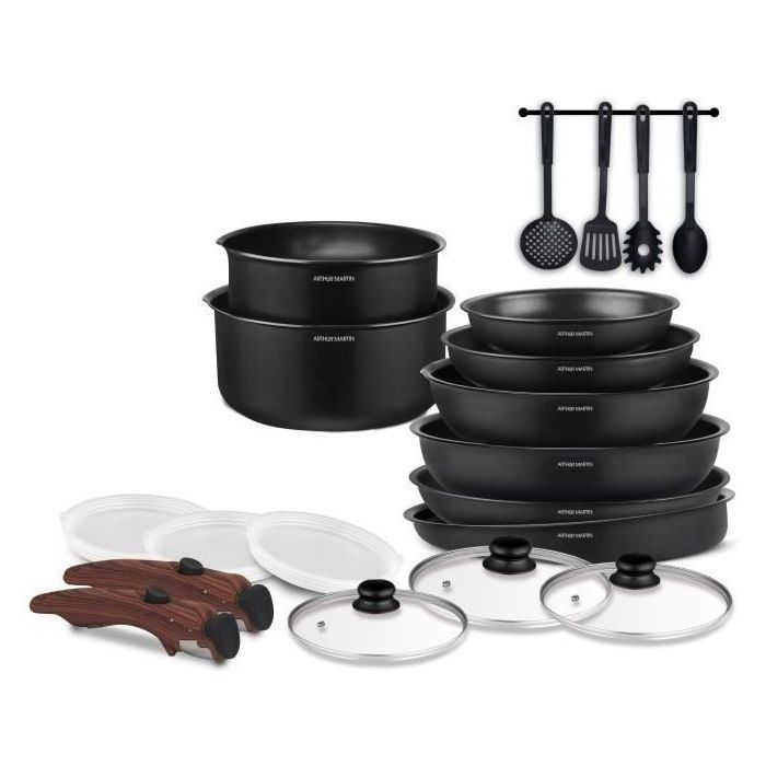 Batterie de cuisine - Tous feux dont induction - Arthur Martin - AM0530 - Aluminium - Anti-adhésif - 20 pieces - Poignée amovible