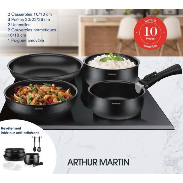 Batterie de cuisine 10 pieces Arthur Martin - Aluminium - Tous feux sauf induction - Noir