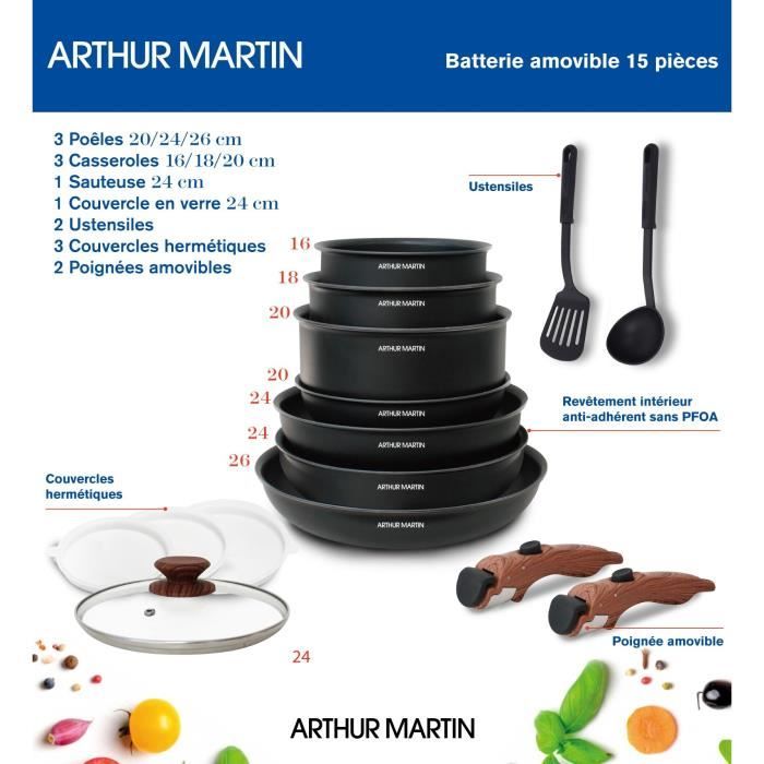 Arthur Martin AM1502 Batterie de cuisine 15 pieces - poignÈe amovible effet bois - tous feux dont induction