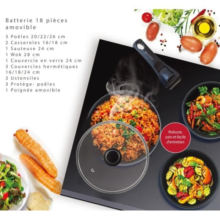 Batterie de cuisine - Tous feux dont induction - ART & CUISINE - AC1824 - Aluminium - 18 pieces - Anti-adhérent - Poignée amovible