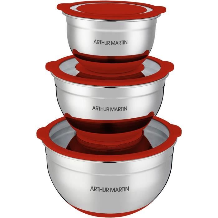 Set de saladiers - ARTHUR MARTIN - AM032 - 16-20-24 cm - Couvercles hermétiques - Acier inoxydable - Fond en silicone anti-dérapant