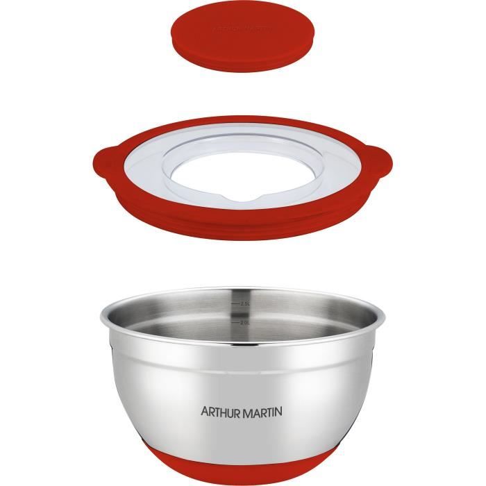 Set de saladiers - ARTHUR MARTIN - AM032 - 16-20-24 cm - Couvercles hermétiques - Acier inoxydable - Fond en silicone anti-dérapant