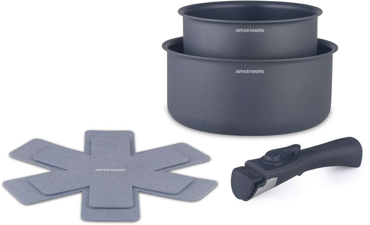 Set de 2 casseroles - Tous feux dont induction - ARTHUR MARTIN - AM2984 - Anti-adhésif - Ø 16-20 cm + Poignée amovible - Gris mat