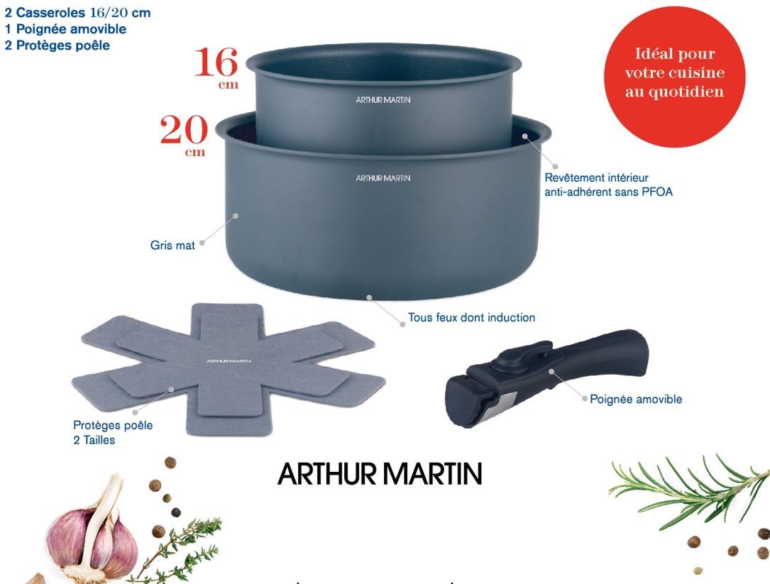 Set de 2 casseroles - Tous feux dont induction - ARTHUR MARTIN - AM2984 - Anti-adhésif - Ø 16-20 cm + Poignée amovible - Gris mat
