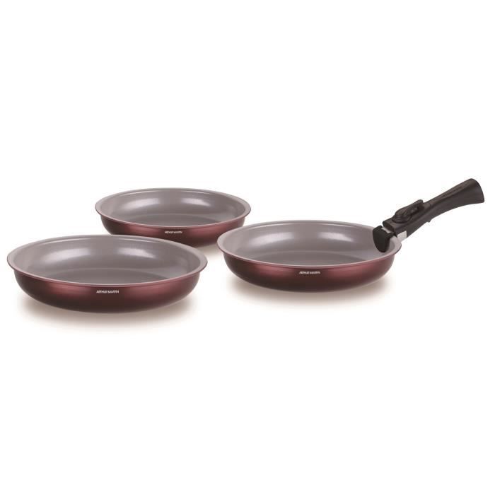 Set de 3 poeles - ARTHUR MARTIN - AM8866 - Tous feux dont induction - 20/24/28 cm + 1 poignée - Aluminium - Revetement céramique