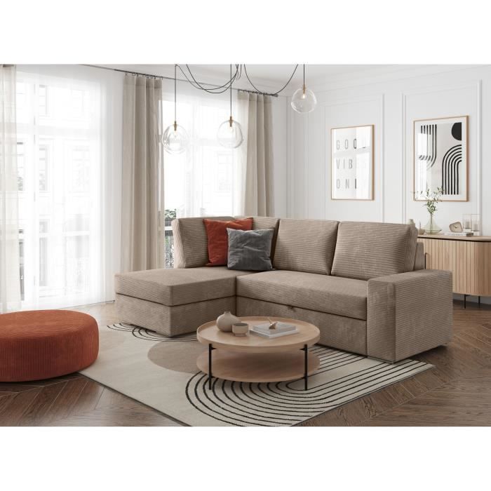 CanapÈ d'angle gauche convertible ARTEMIS 4 places - Velours cÙtelÈ greige - L246 x P174 x H96 cm