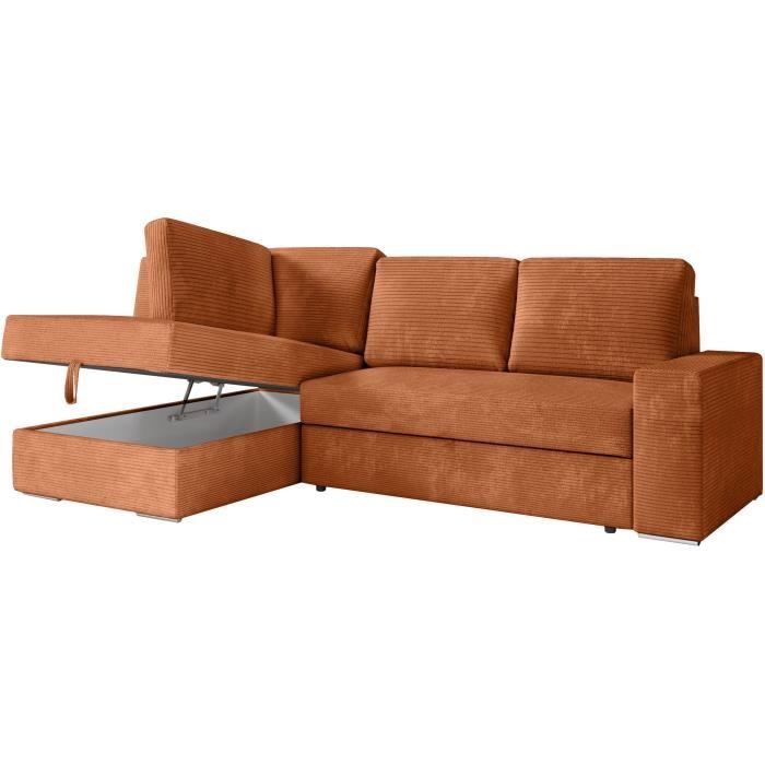 CanapÈ d'angle gauche 3 places convertible ADEN avec coffre en velours cÙtelÈ - Terracotta - L246 x P174 x H96cm - LOUNGITUDE
