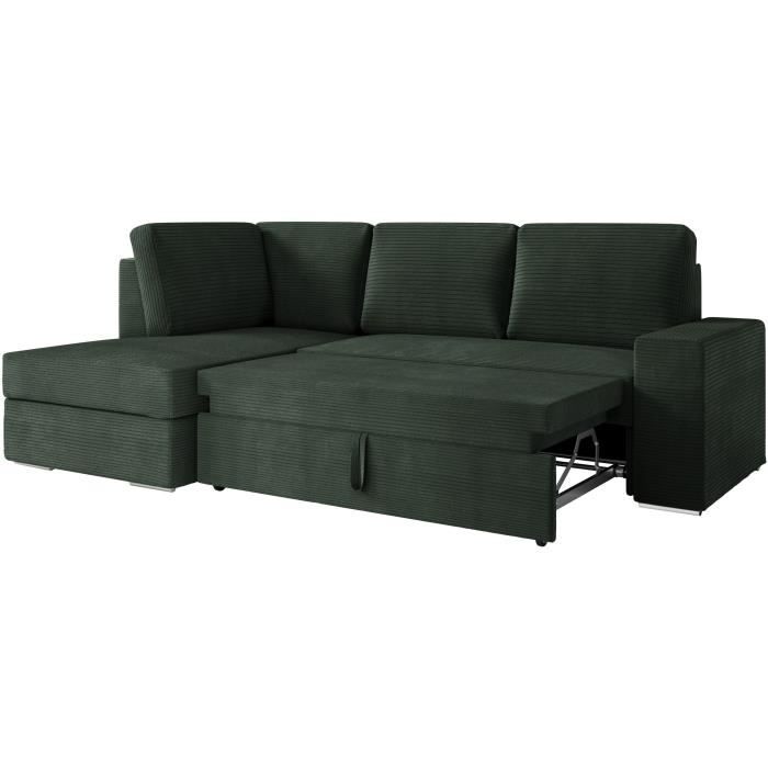 CanapÈ d'angle gauche 3 places convertible ADEN avec coffre en velours cÙtelÈ - Vert foncÈ - L246 x P174 x H96cm - LOUNGITUDE
