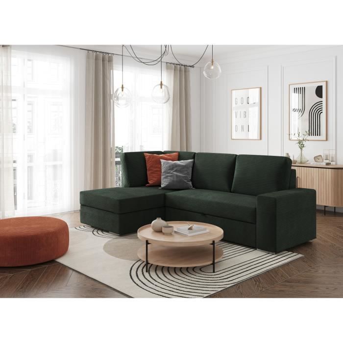 CanapÈ d'angle gauche 3 places convertible ADEN avec coffre en velours cÙtelÈ - Vert foncÈ - L246 x P174 x H96cm - LOUNGITUDE