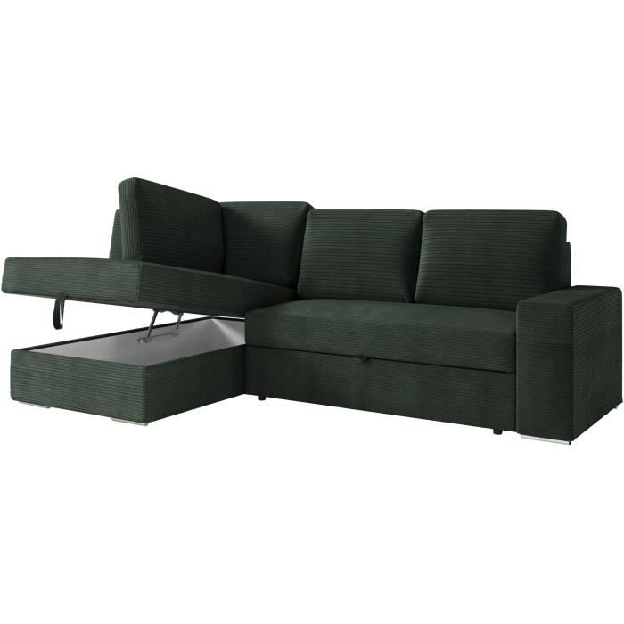 CanapÈ d'angle gauche 3 places convertible ADEN avec coffre en velours cÙtelÈ - Vert foncÈ - L246 x P174 x H96cm - LOUNGITUDE