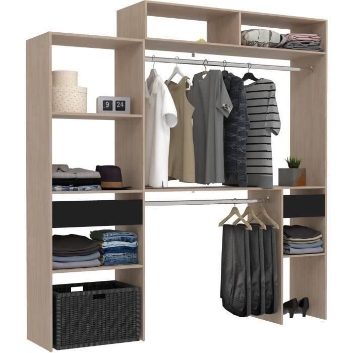 Kit dressing extensible ARTIC EKIPA - Chene et noir - 2 penderies + 2 tiroirs + Surmeuble - L198 x P40 x H202 cm