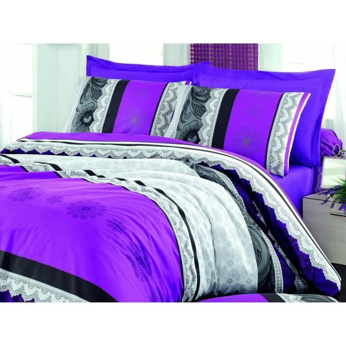 Parure de lit - 1 housse de couette 220 x 240 cm + 2 taies d'oreiller 60 x 60 cm - 100% coton renforcé - Lilas