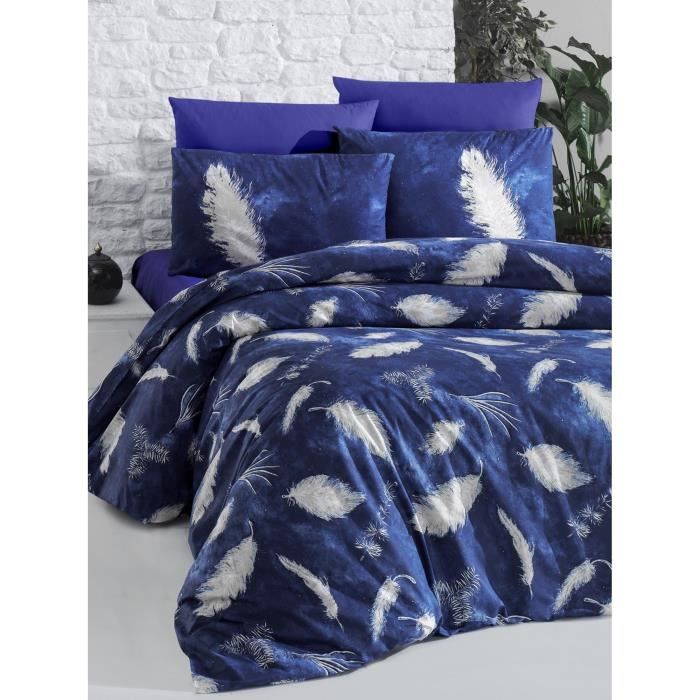 Parure de lit - 1 housse de couette 220 x 240 cm + 2 taies d'oreiller 60 x 60 cm - 100% coton renforcé - Bleu