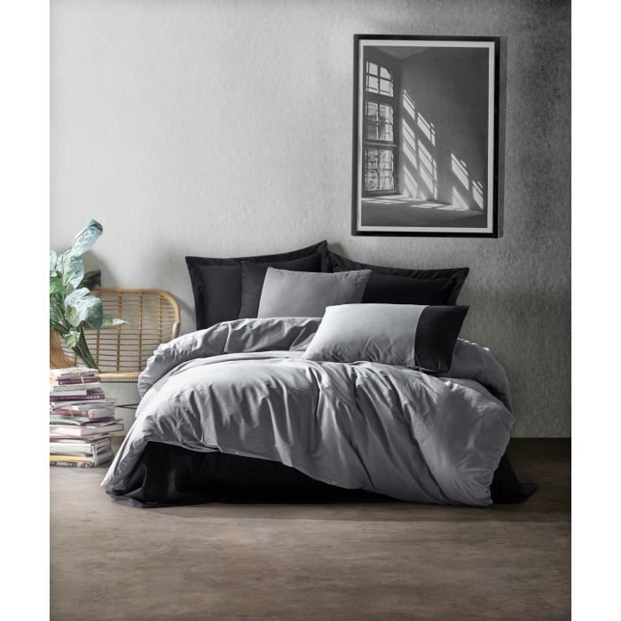 Parure de lit - 1 housse de couette 220 x 240 cm + 2 taies d'oreiller 60 x 60 cm - 100% coton renforcé - Gris