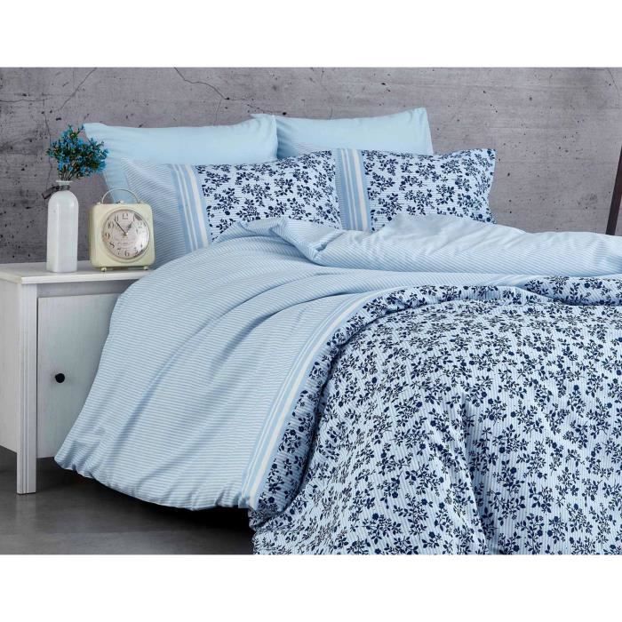 Parure de lit - 1 housse de couette 220 x 240 cm + 2 taies d'oreiller 60 x 60 cm - 100% coton renforcé - Bleu