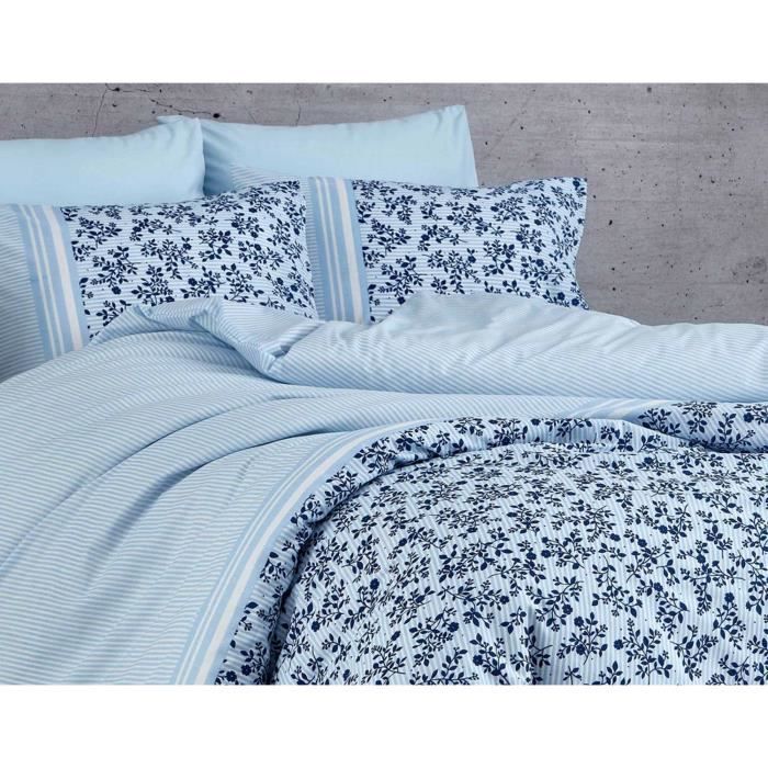 Parure de lit - 1 housse de couette 220 x 240 cm + 2 taies d'oreiller 60 x 60 cm - 100% coton renforcé - Bleu