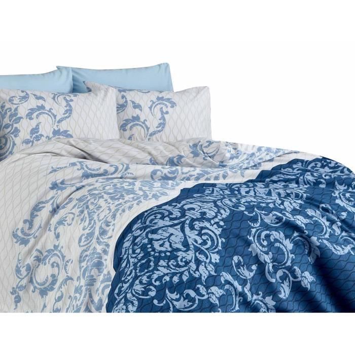 Parure de lit - 1 housse de couette 220 x 240 cm + 2 taies d'oreiller 60 x 60 cm - 100% coton renforcé - Bleu