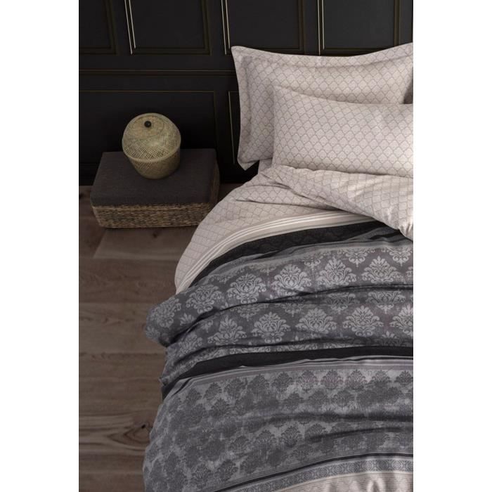 Parure de lit - 1 housse de couette 220 x 240 cm + 2 taies d'oreiller 60 x 60 cm - 65% coton, 35% polyester - Gris