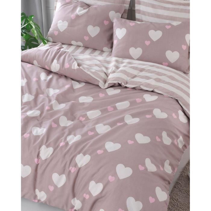 Parure de lit - 1 housse de couette 220 x 240 cm + 2 taies d'oreiller 60 x 60 cm - 65% coton, 35% polyester - Rose