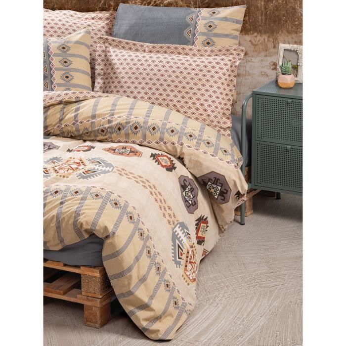 Parure de lit - 1 housse de couette 220 x 240 cm + 2 taies d'oreiller 60 x 60 cm - 100% coton renforcé - Beige
