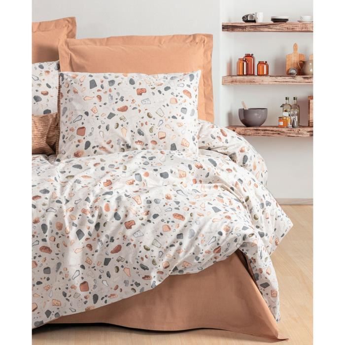 Parure de lit - 1 housse de couette 220 x 240 cm + 2 taies d'oreiller 60 x 60 cm - 100% coton renforcé - Caramel